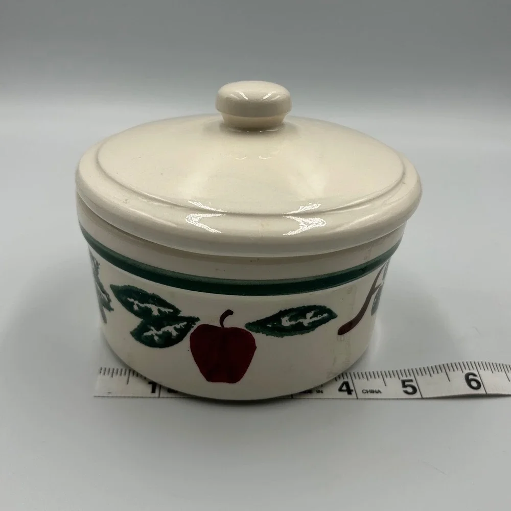 Vintage Style Apple Stoneware Lidded Crock Farmhouse Ceramic Sugar Bowl Cream